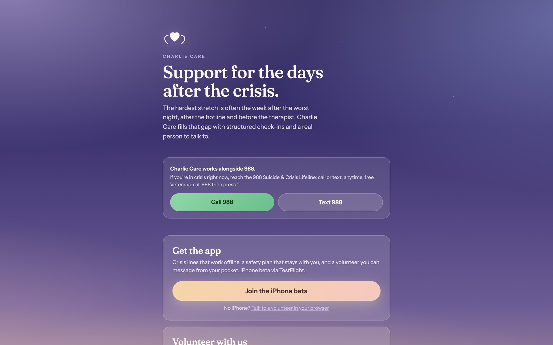 The Charlie Care home page