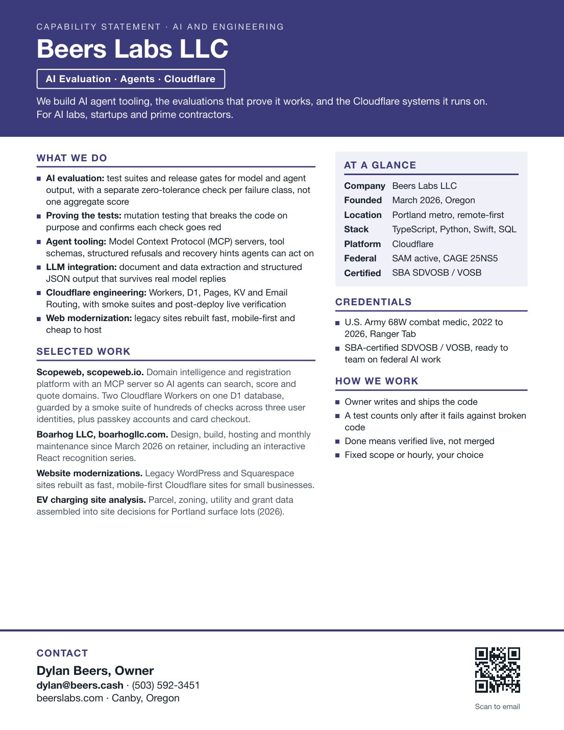 Page one of the Beers Labs commercial ai capability statement. The full text follows below the page.
