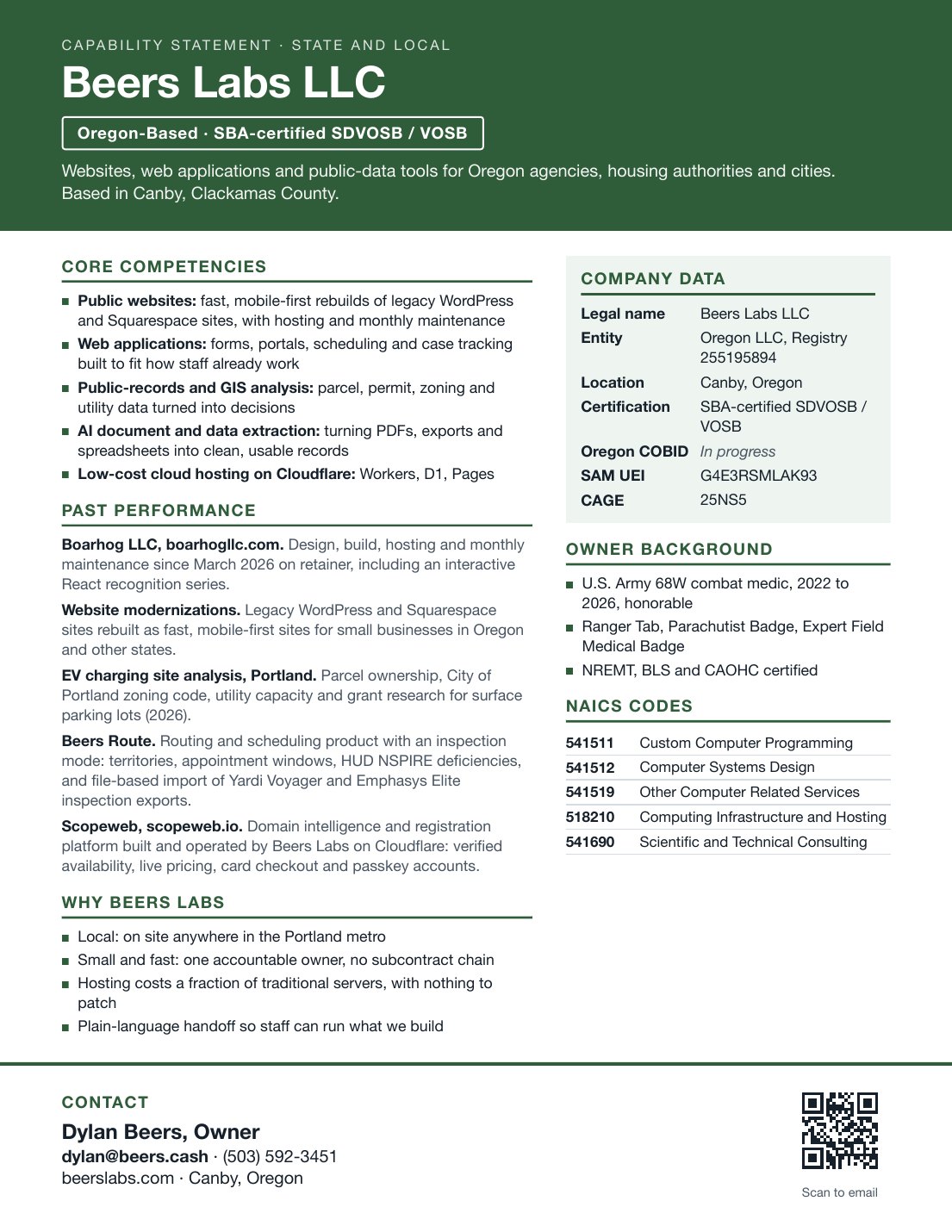 Page one of the Beers Labs state and local capability statement. The full text follows below the page.